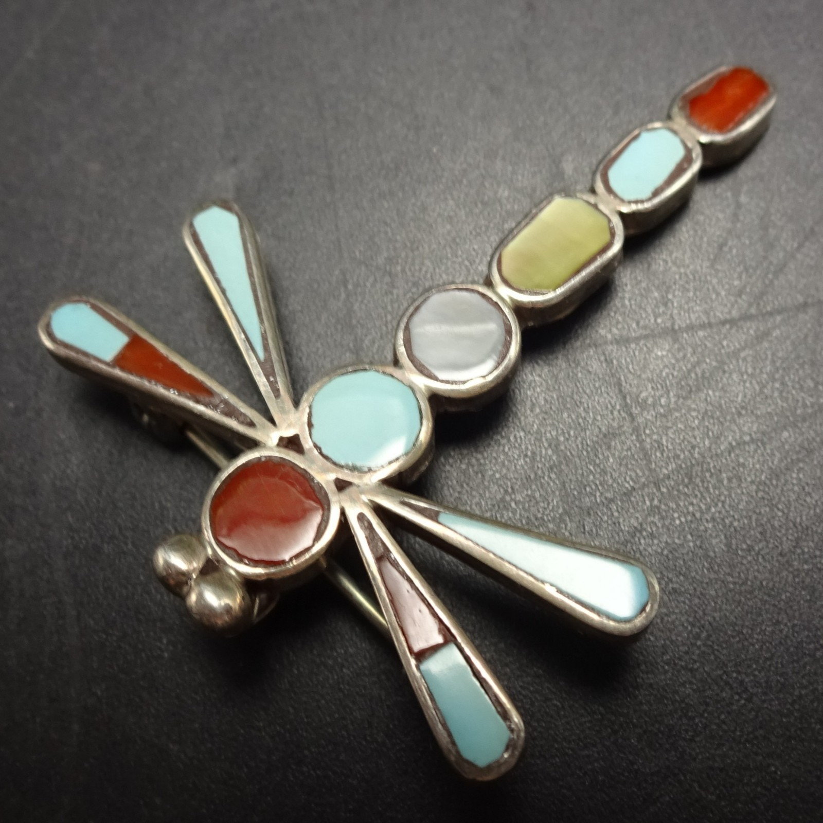 Signed Vintage ZUNI Sterling Silver TURQUOISE CORAL MOP Dragonfly PIN/PENDANT