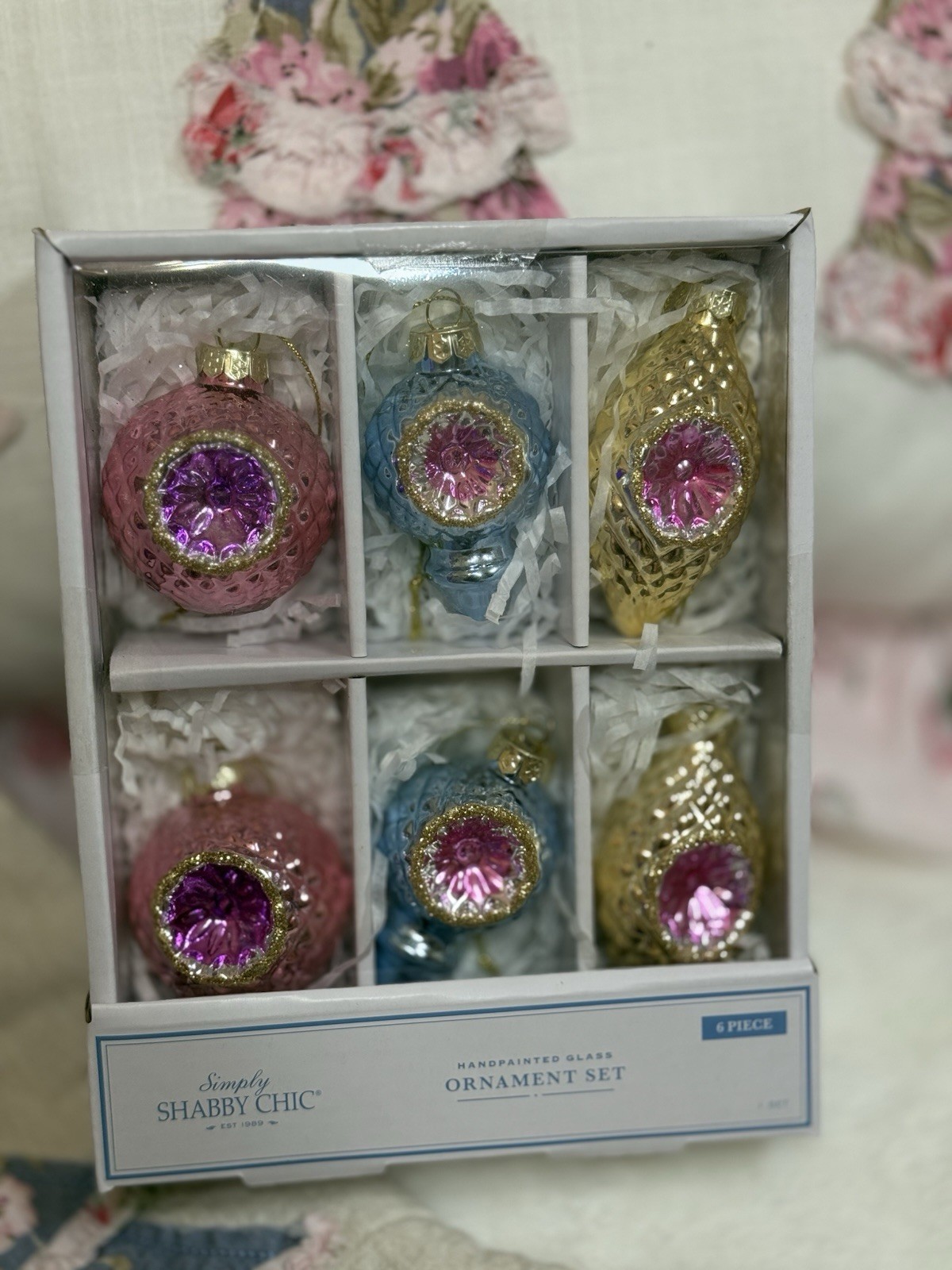 Simply Shabby Chic Glass Pastel Bauble Christmas Ornament 6 Piece Set Pink Blue