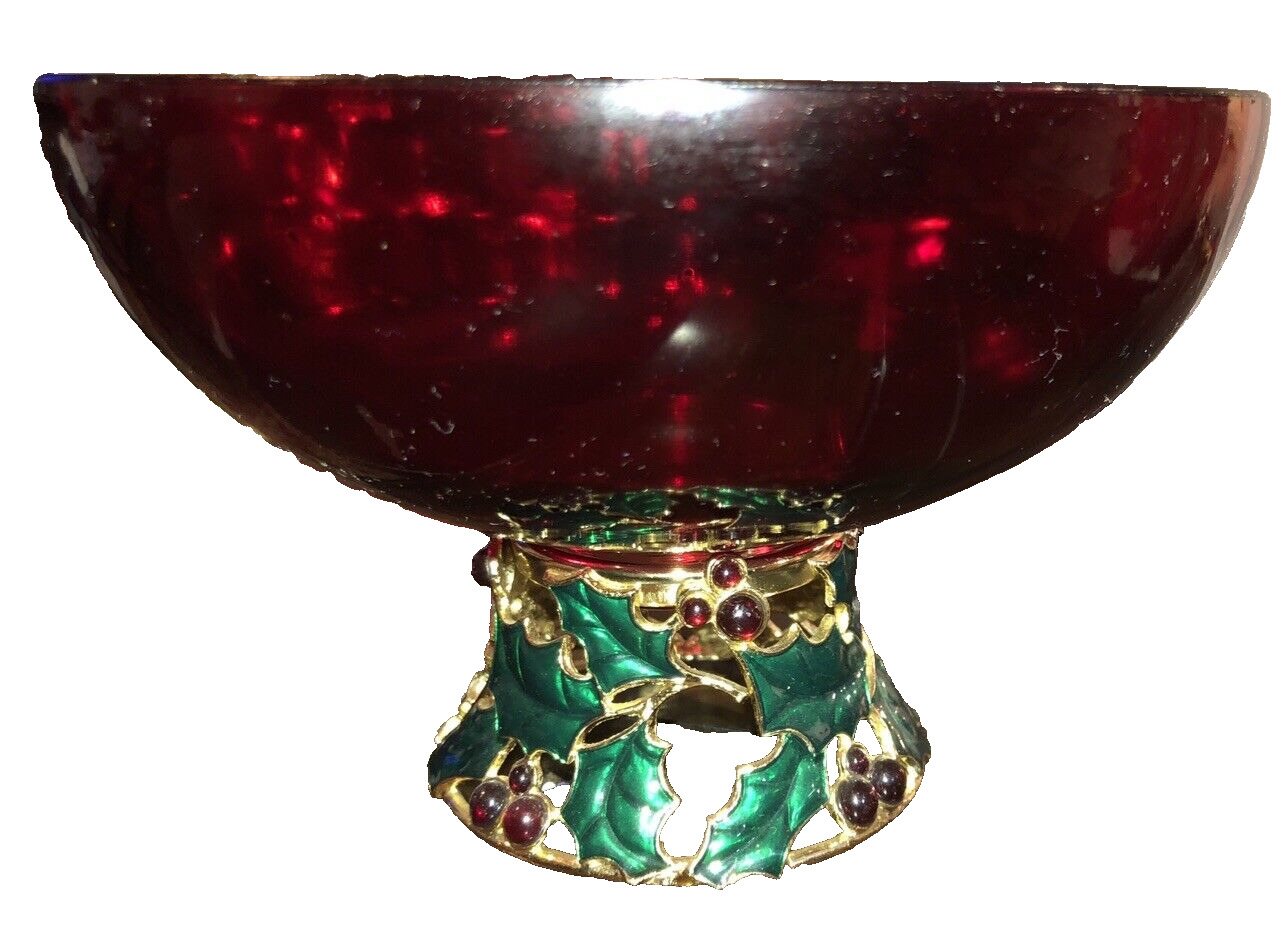 Teleflora Christmas Candy Dish Holly & Berries with Gold Trim