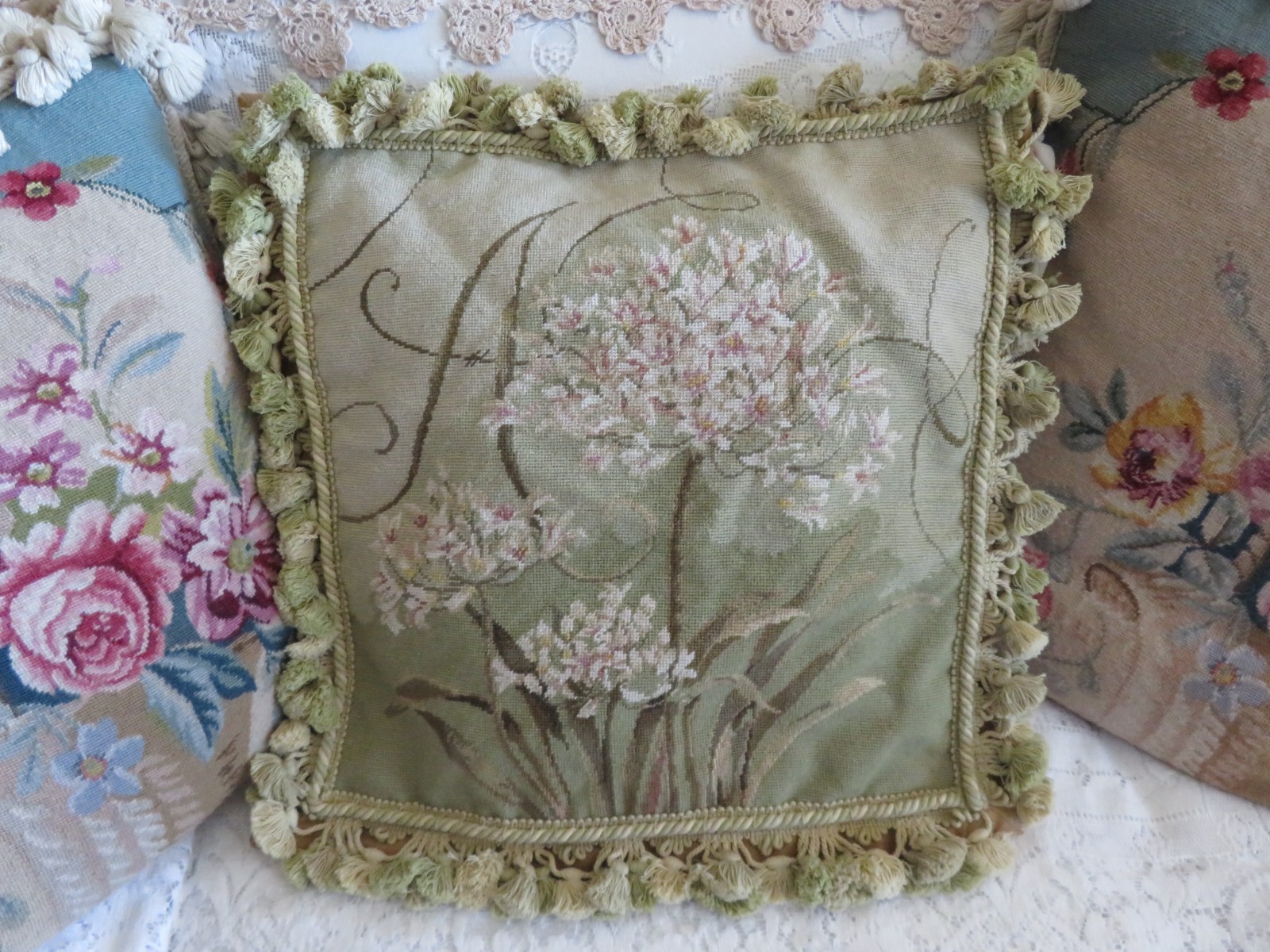 Vintage Aubusson style Hydrangea A on Sage Green Needlepoint Pillow NWOT Vintage Aubusson style Hydrangea A on Sage Green Needlepoint Pillow NWOT
