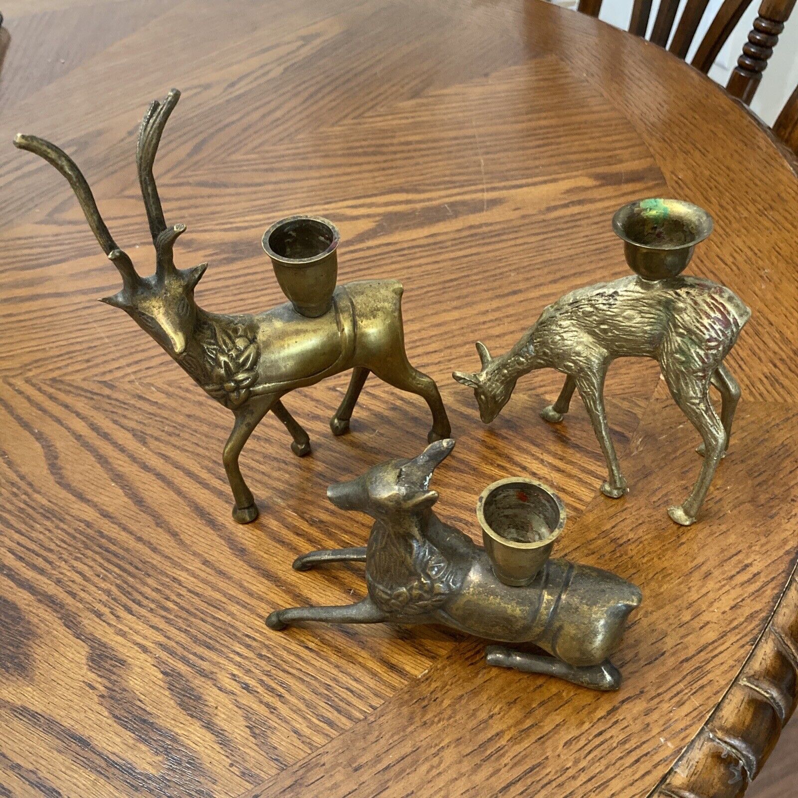 Set Of 3 Brass Deer Tapered Candle Holders Vintage