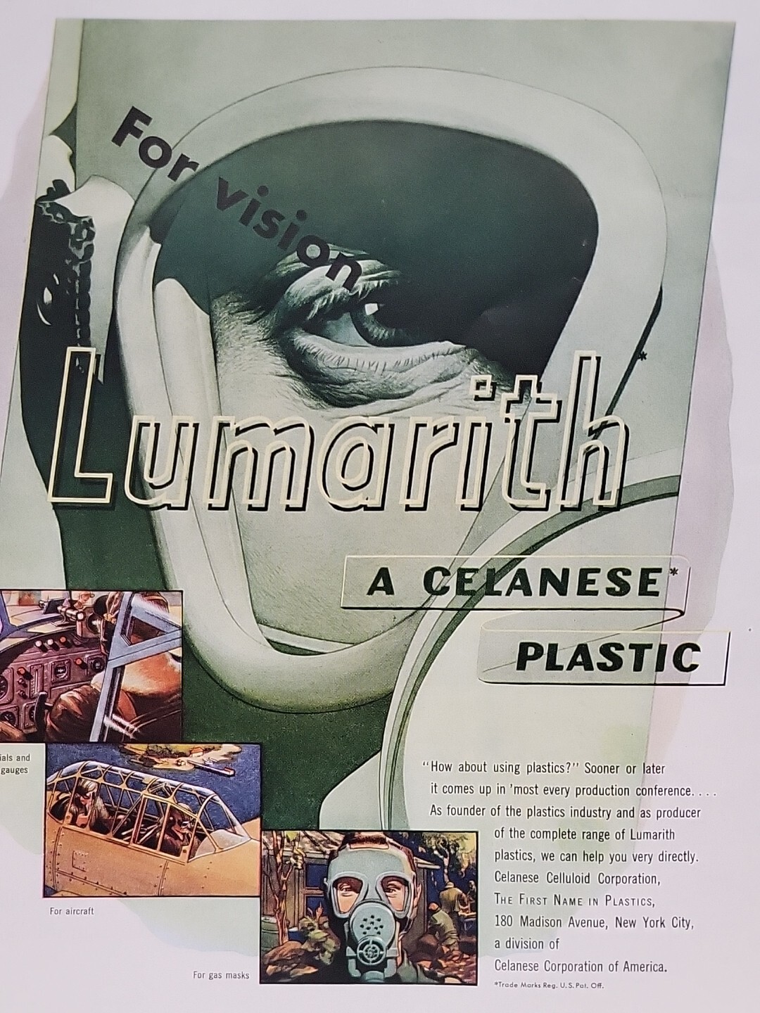 1943 Lumarith Celanese Plastic Fortune WW2 Print Ad Q3 Goggles Gas Mask Aircraft