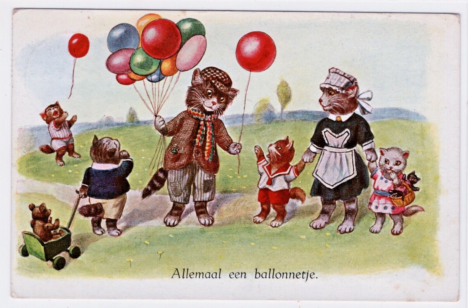 Dressed Cats Vintage  Postcard Kittens Balloons Teddy Bear Nanny Park Humanized
