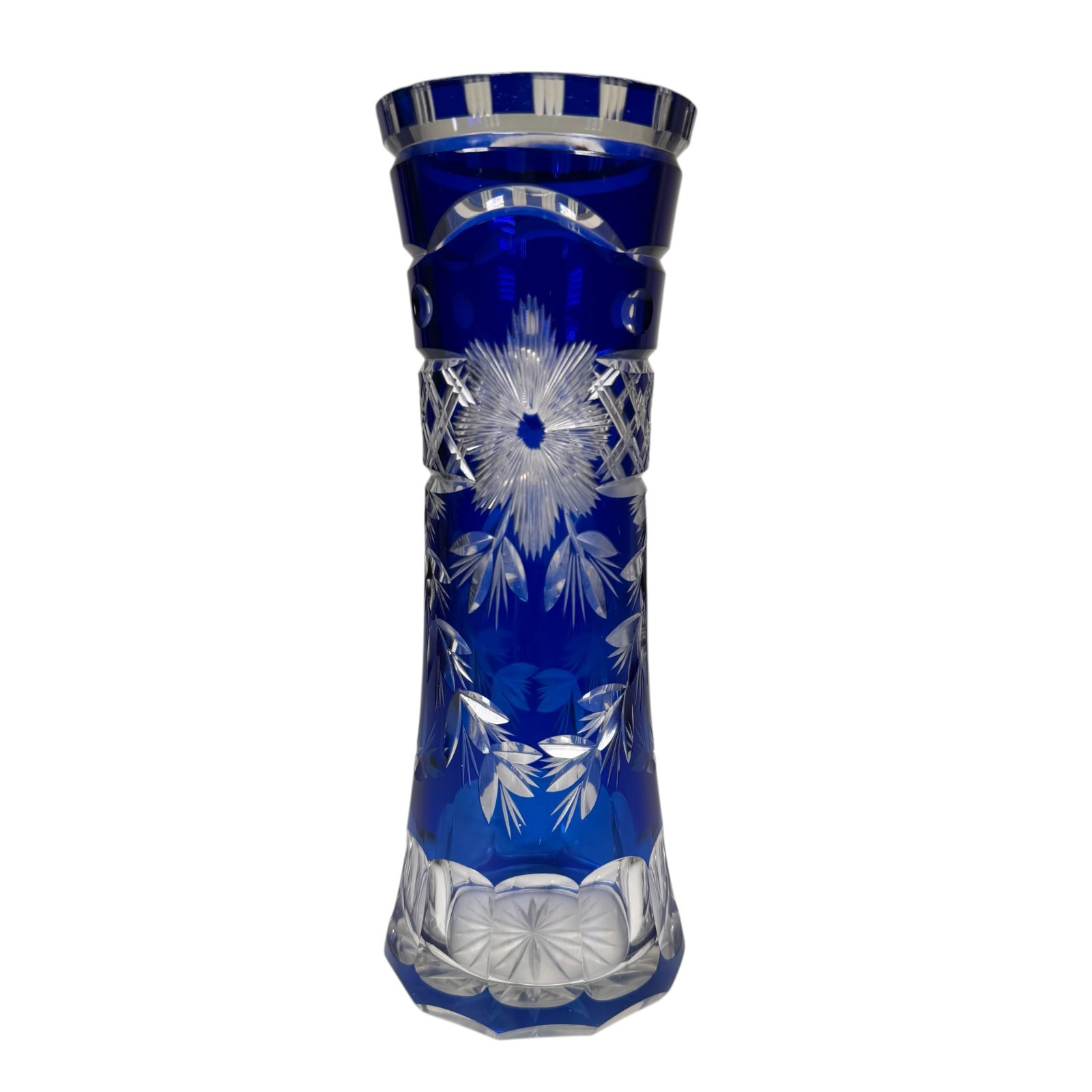 Vintage Bohemian Cobalt Blue Cut-To-Clear Crystal Glass Decor Flower Vase 8.5\