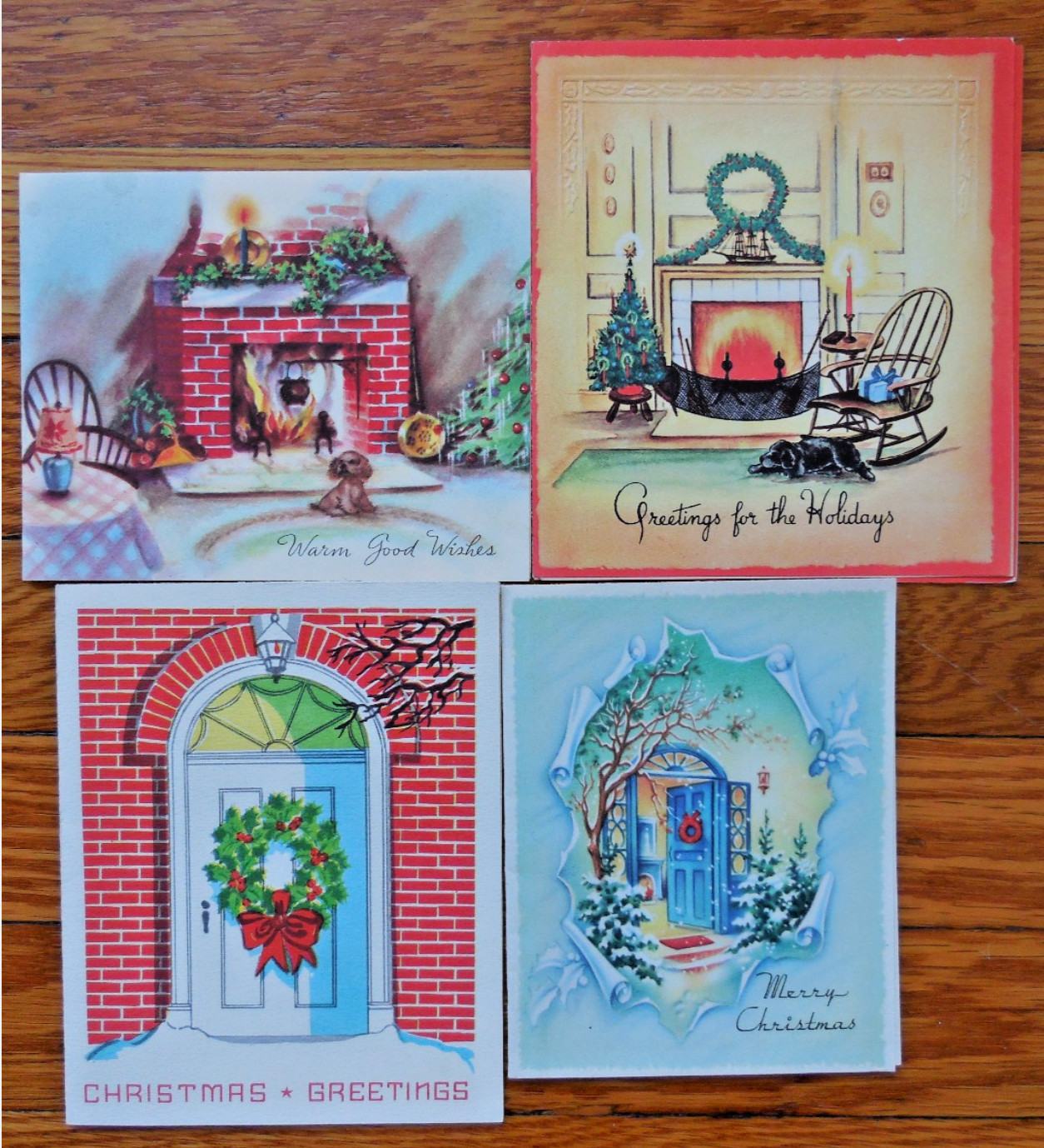 Four Beautiful Vintage Christmas Cards, Warm Hearths and Homes