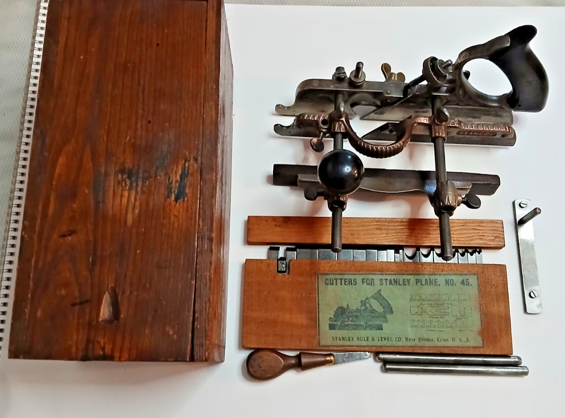Stanley No. 45 Plane in Original Wood Box w/ box of 17 Cutters Stanley No. 45 Plane in Original Wood Box w/ box of 17 Cutters