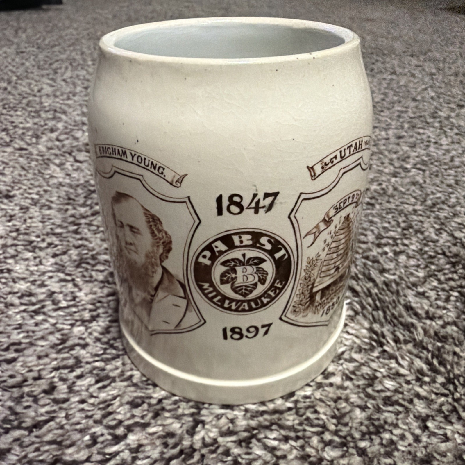 PRE PRO BEER MUG PABST MILWAUKEE BRIGHAM YOUNG, BEEHIVE MORMON UTAH RARE 1897