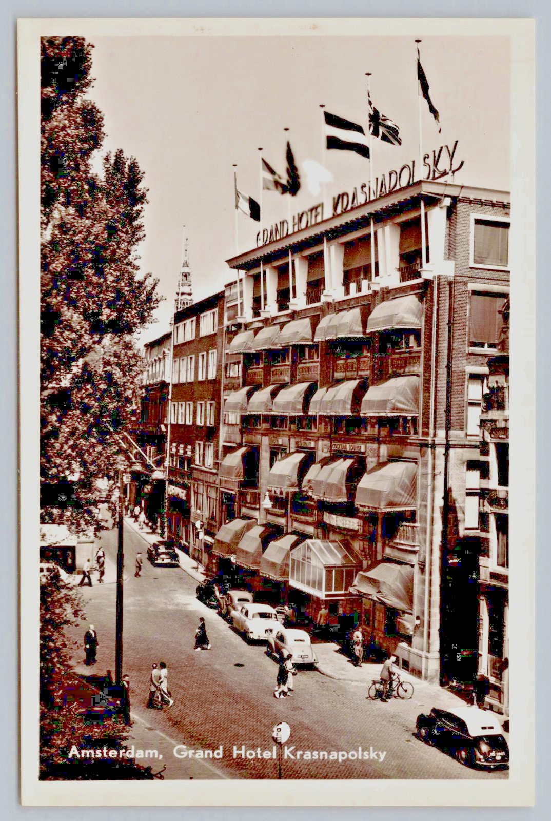 Vintage RPPC Amsterdam Grand Hotel Krasnapolsky International Flags A25