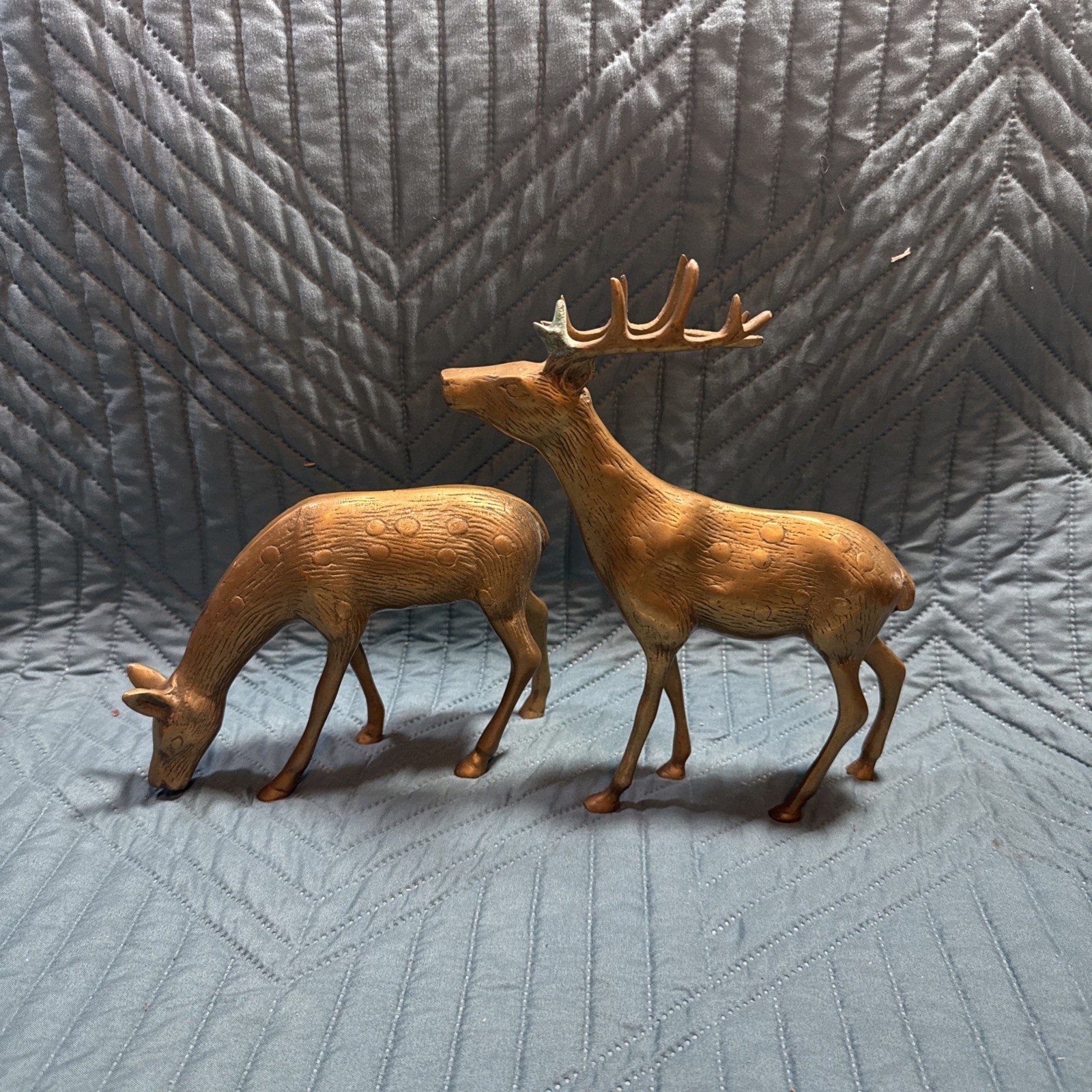 Vintage Solid Brass Deer Buck Doe Figurines Statue MCM Larger 9.5 Inch Buck