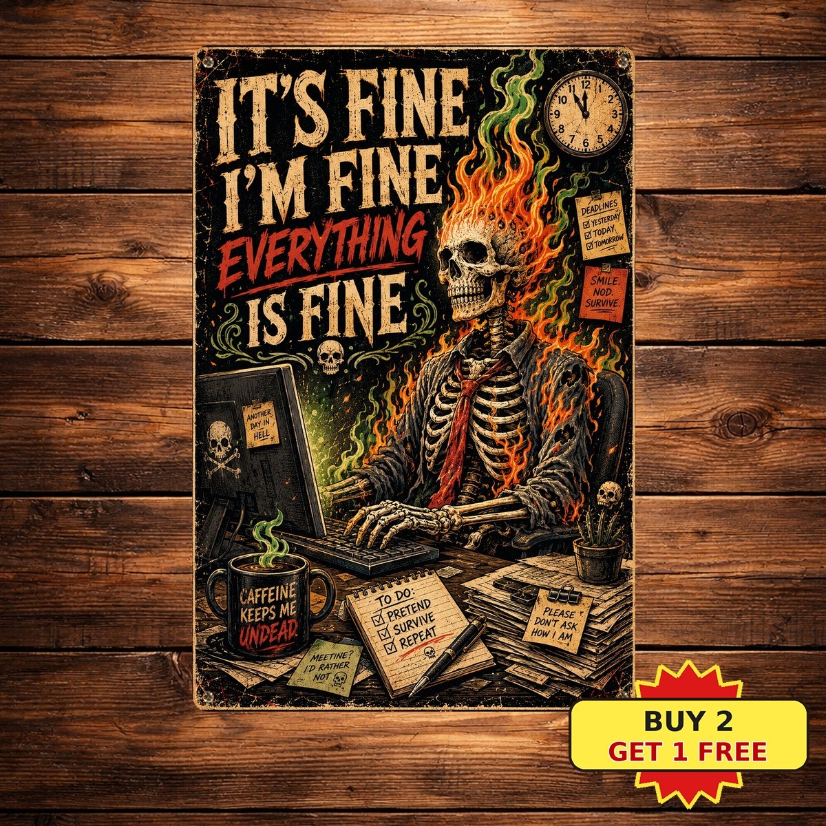 I-m Fine Everything Is Fine Gothic Skull Fire Halloween Metal Tin Sign Plaque