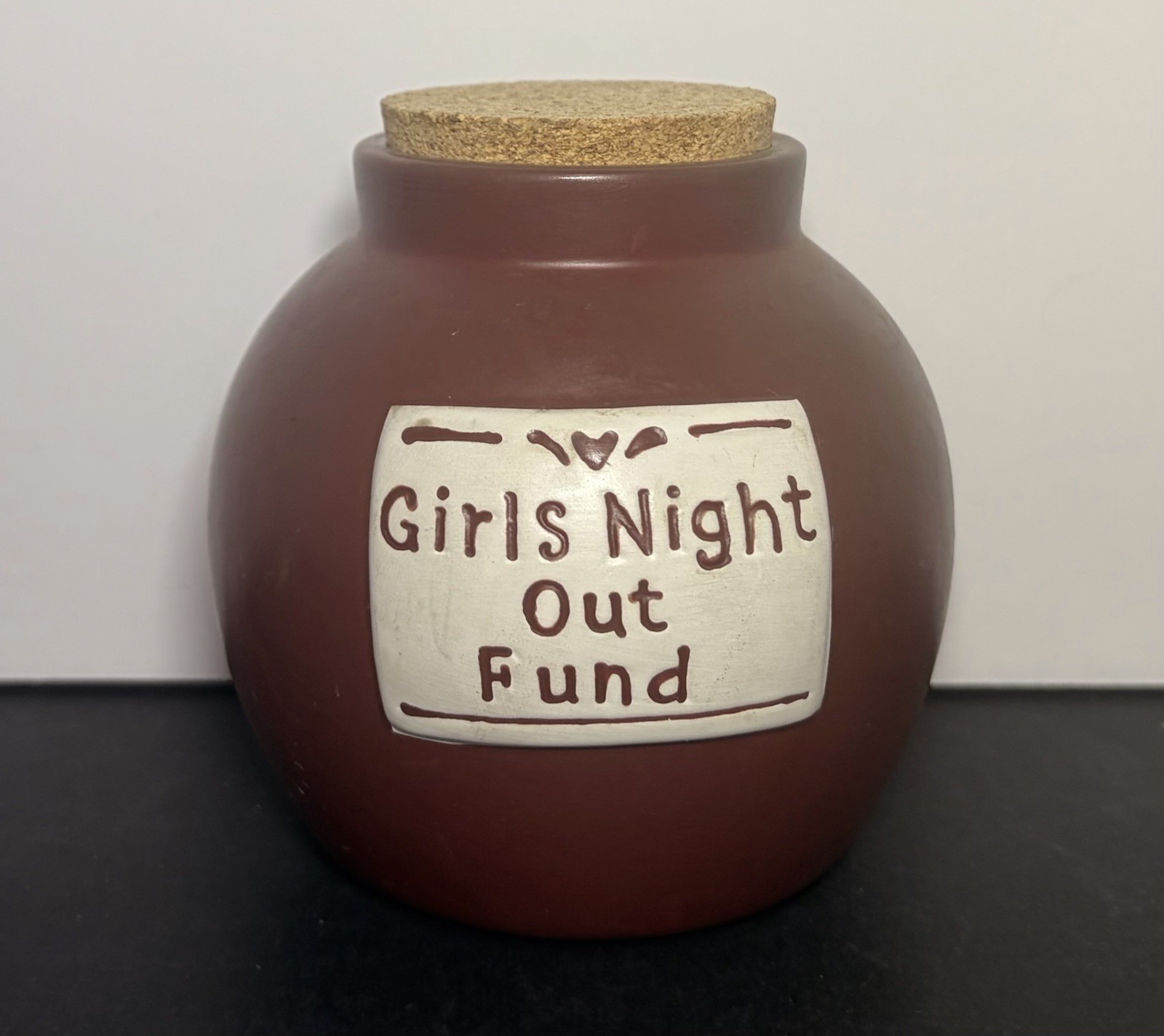 Stoneware Crock Jar Cork Lid Girls Night Out Fund Matte Brown Ceramic Pottery