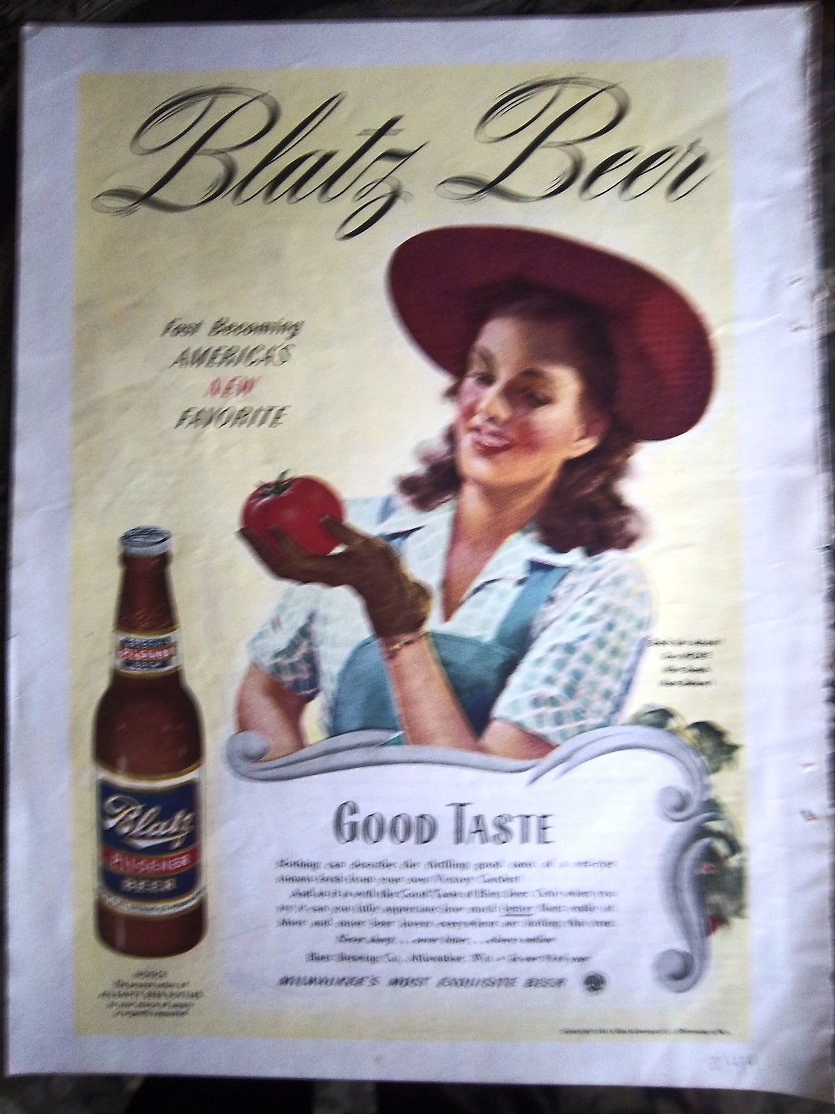 1944 BLATZ Milwaukee BEER Pretty Woman Red Hat Tomato Color Ad