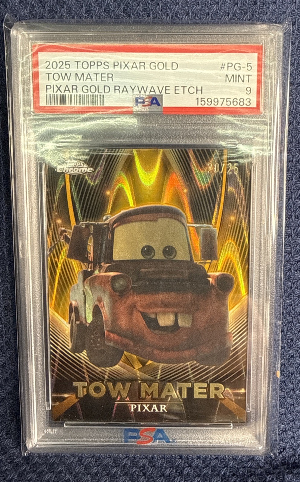 PSA 9 2025 Topps Chrome Pixar Gold Tow Mater RayWave Etch Refractor #/25