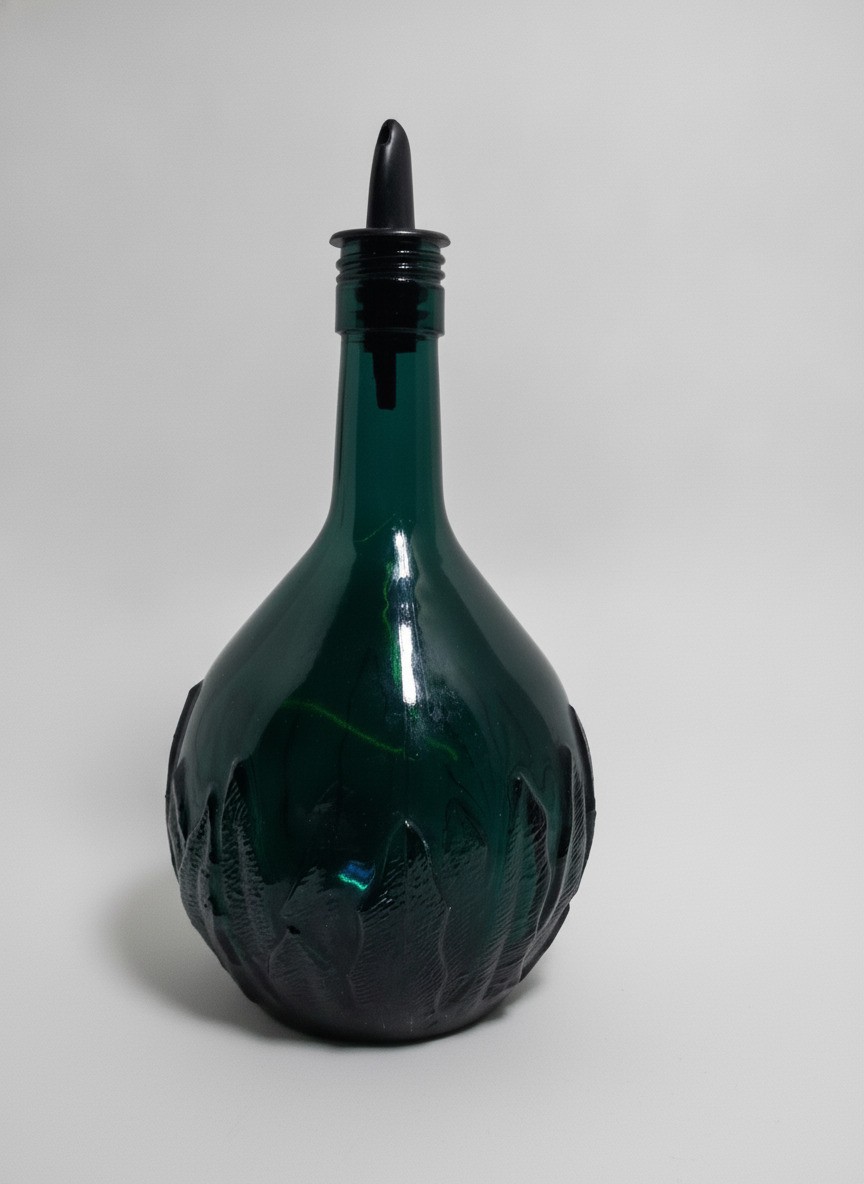 Emerald Green Glass Cruet Oil Vinegar Dispenser Embossed Leaf with Spout Emerald Green Glass Cruet Oil Vinegar Dispenser Embossed Leaf with Spout