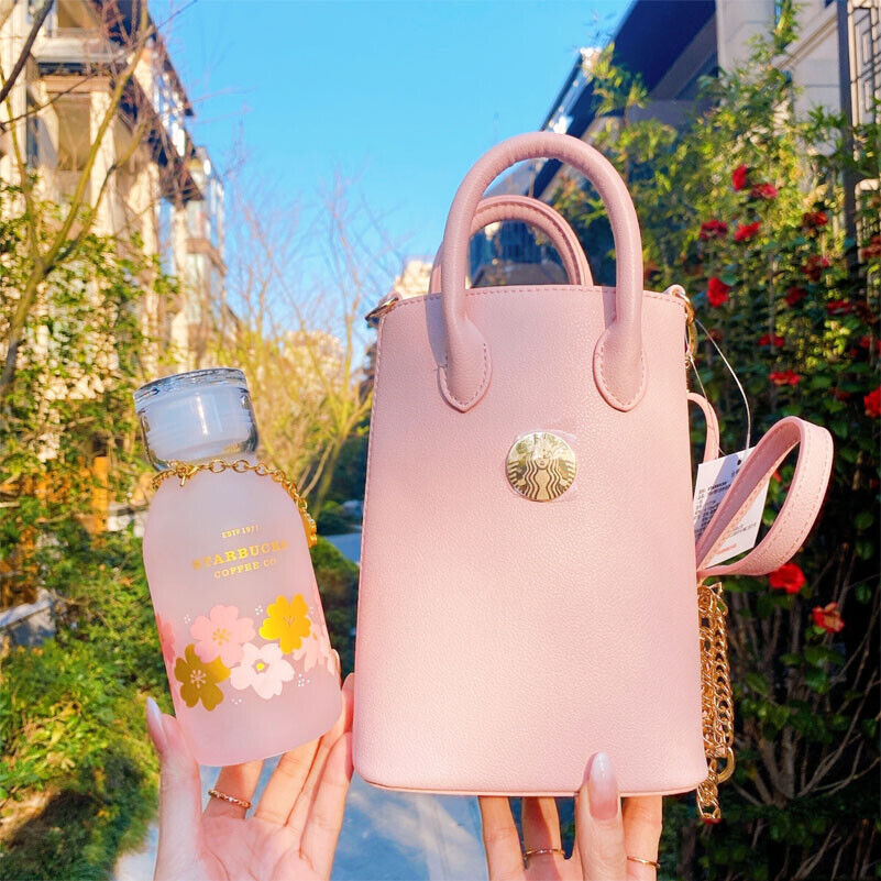 Authentic Starbucks China 2021 Pink Sakura 13oz/390ml Glass Cup With Handbag
