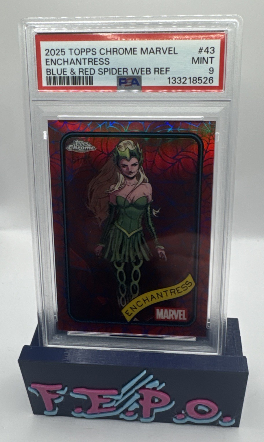 2025 Topps Chrome Marvel Blue & Red Spider Web Refractor Enchantress 51/62 PSA 9