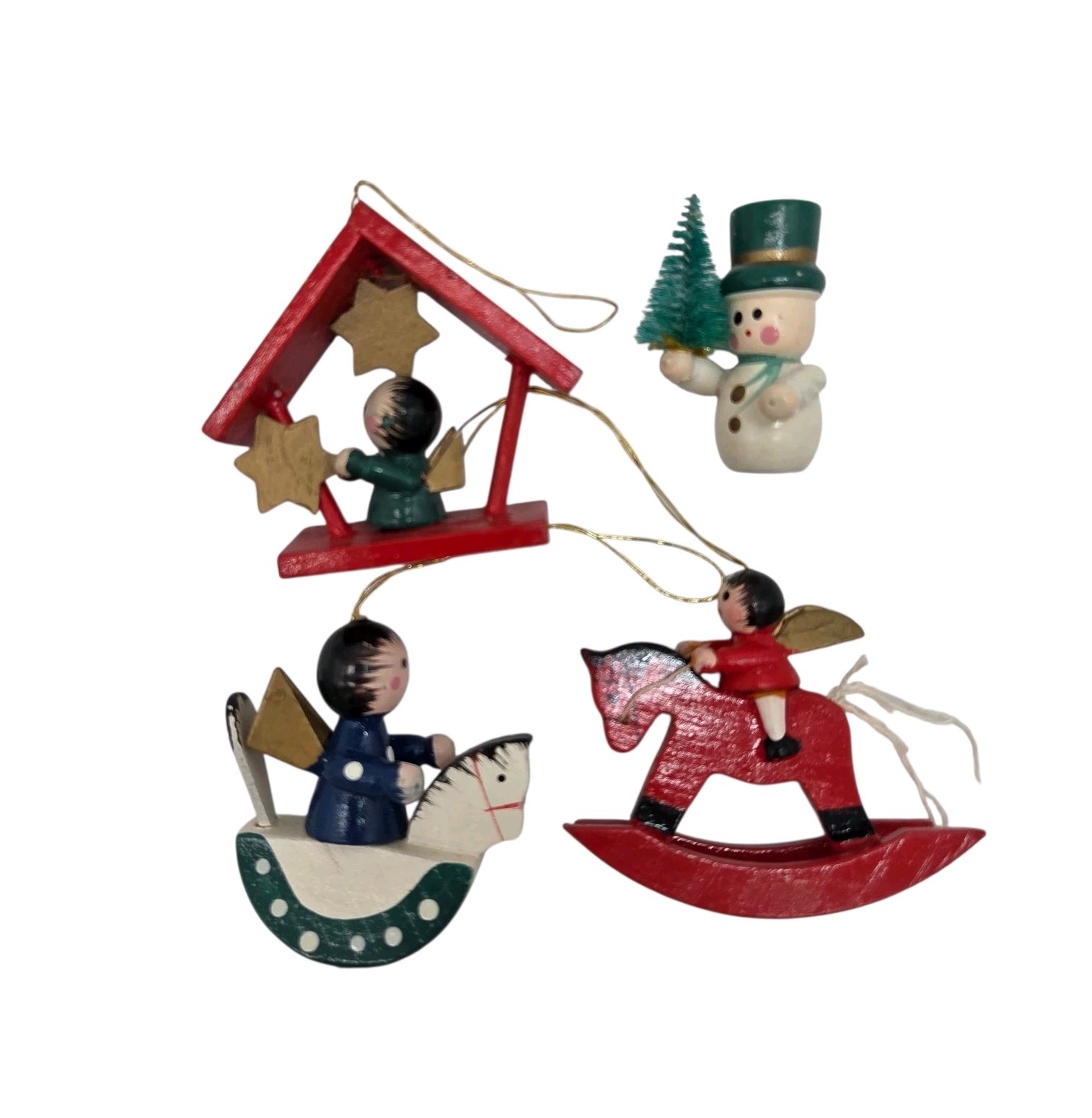 4 Vtg Erzgebirge Style Mini Wooden Ornaments Rocking Horse Angel Snowman German