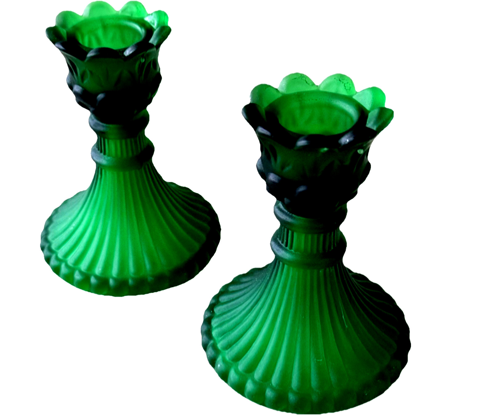 Vintage Glass Tulip Candle Holders Pair ART DECO Frosted Emerald Green RARE