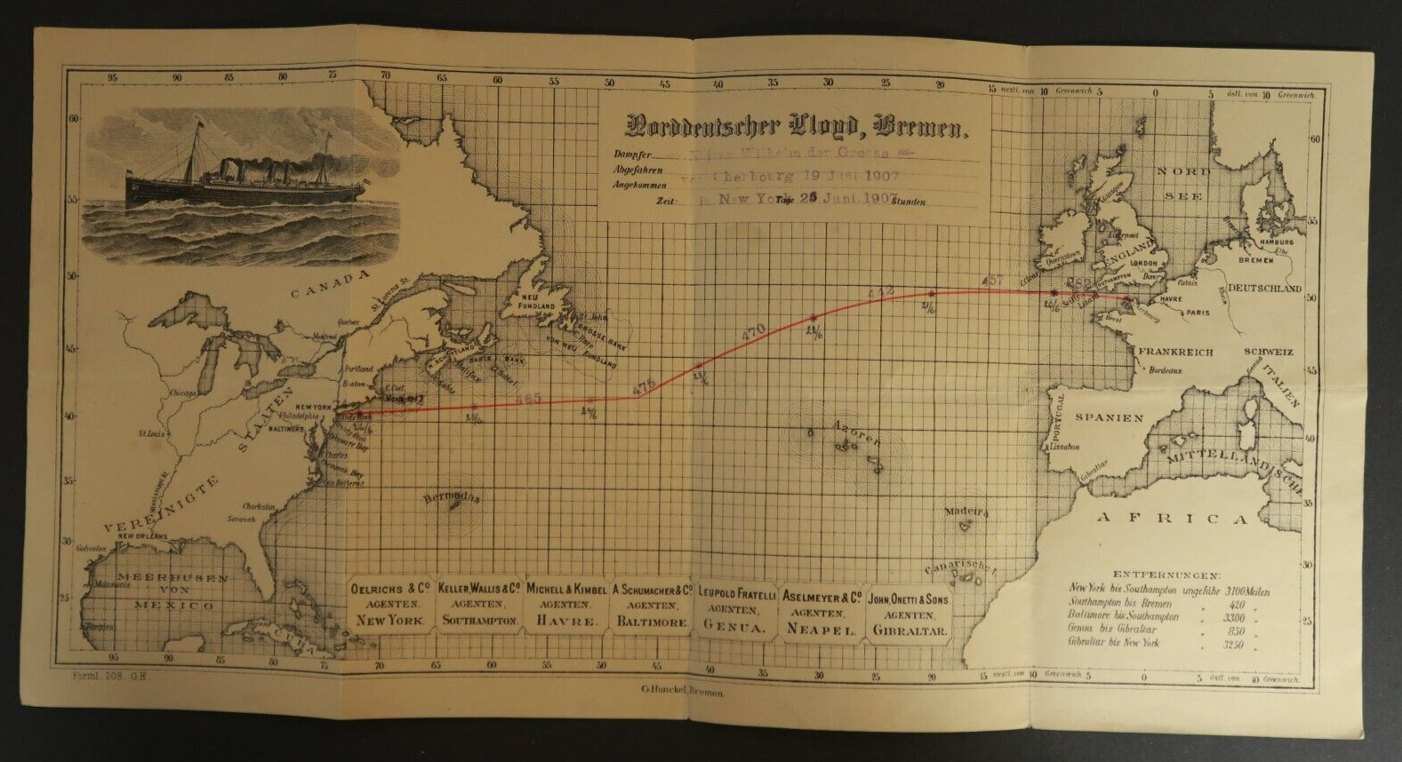 1907 North German Lloyd Bremen VTG Route Map S.S. Kaiser Wilhelm Steamship