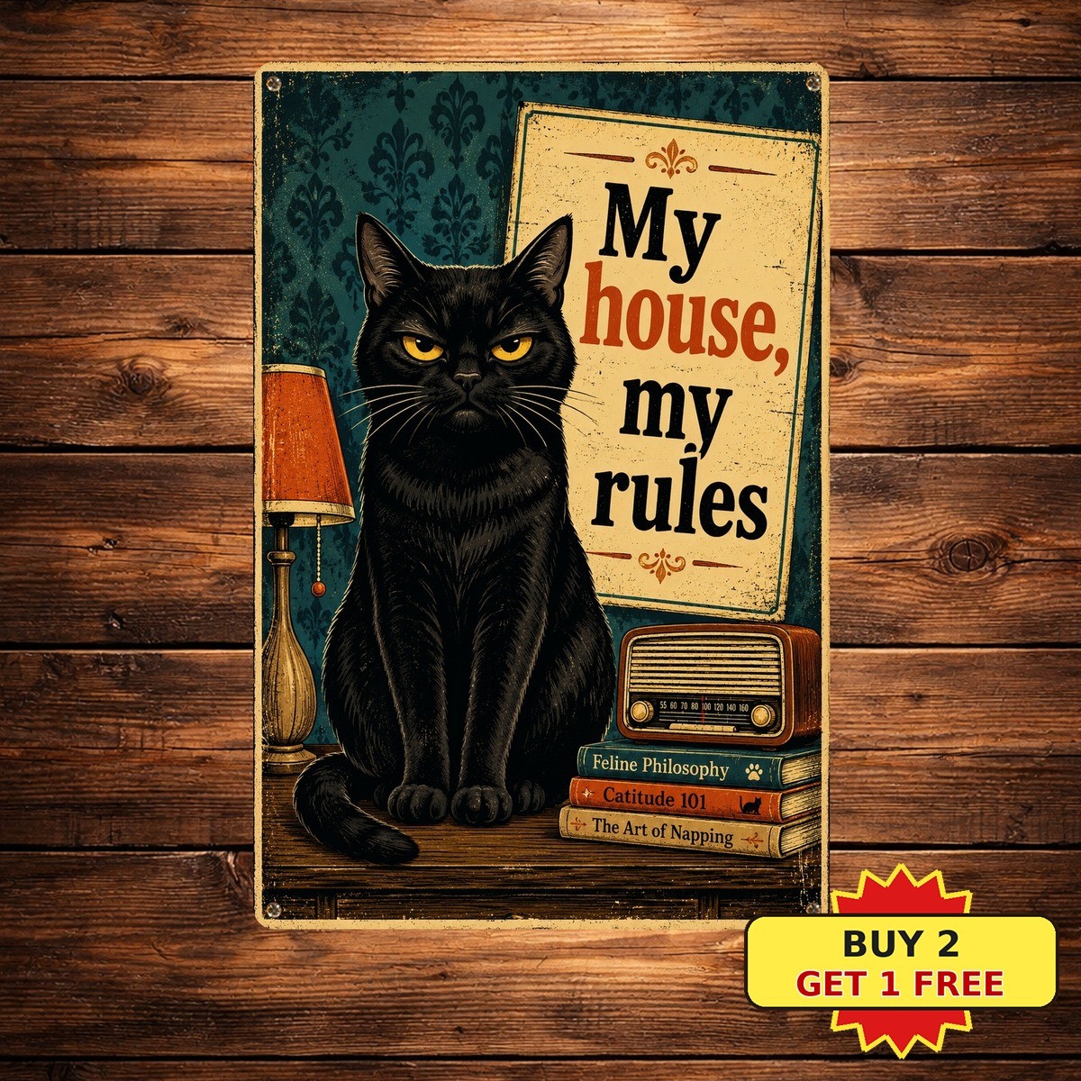 Funny Black Cat Sarcastic Kitty Portrait Pet Lover Gift Metal Tin Sign Plaque