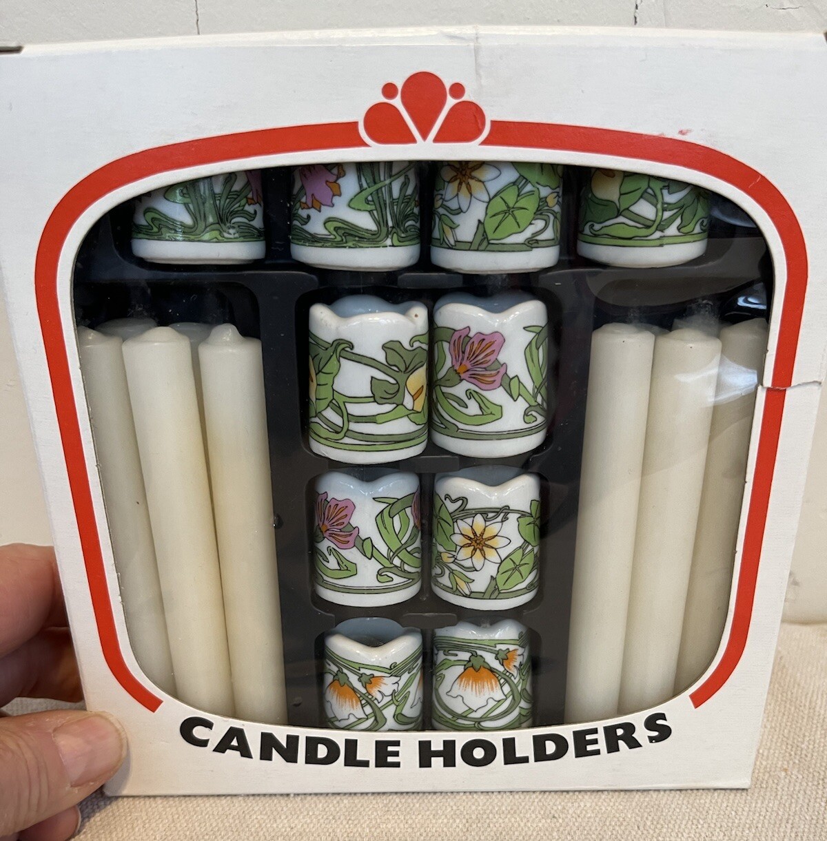 NOS VTG W Germany Fancy Design Porcelain Candle Holders/Candles Floral Set of 10