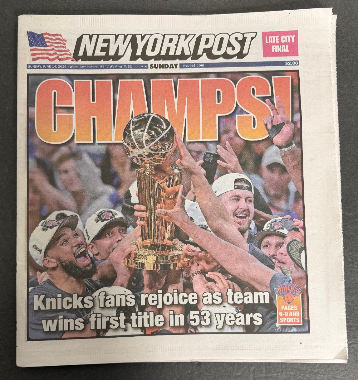 NY Knicks Champions NBA Finals Championship Newspaper New York Post 6/14/2026