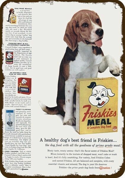 1958 Cute BEAGLE Puppy Dog & FRISKIES Vintage-Look DECORATIVE REPLICA METAL SIGN