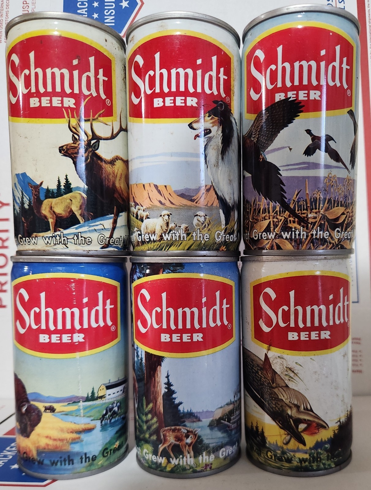 Vintage Schmidt Beer Outdoor Sports 6 Steel Can Lot
