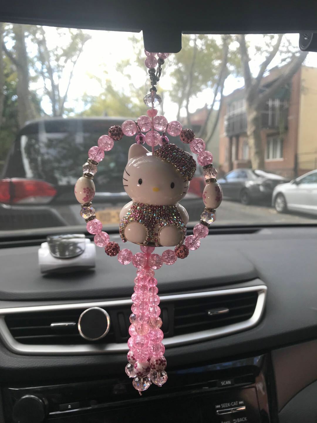 Handmade Cute Rhinestone Crystal Hello Kitty Pendant Pink Beading  Car Decor