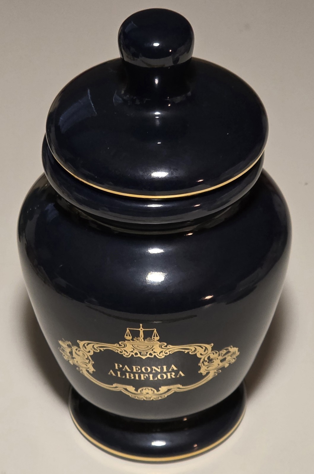 Paeonia Albiflora (Peony) Apothecary Jar with Lid Navy & Gold Vintage w Scroll Paeonia Albiflora (Peony) Apothecary Jar with Lid Navy & Gold Vintage w Scroll