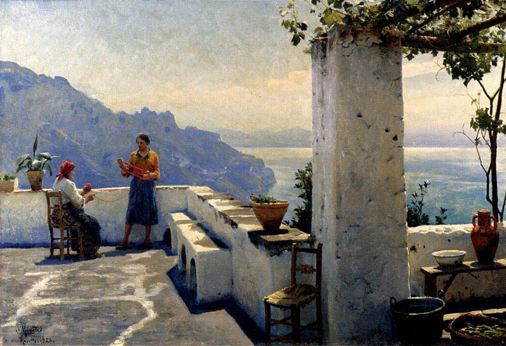 Oil painting Peder-Mork-Monsted-Ravello woman in landscape by ocean