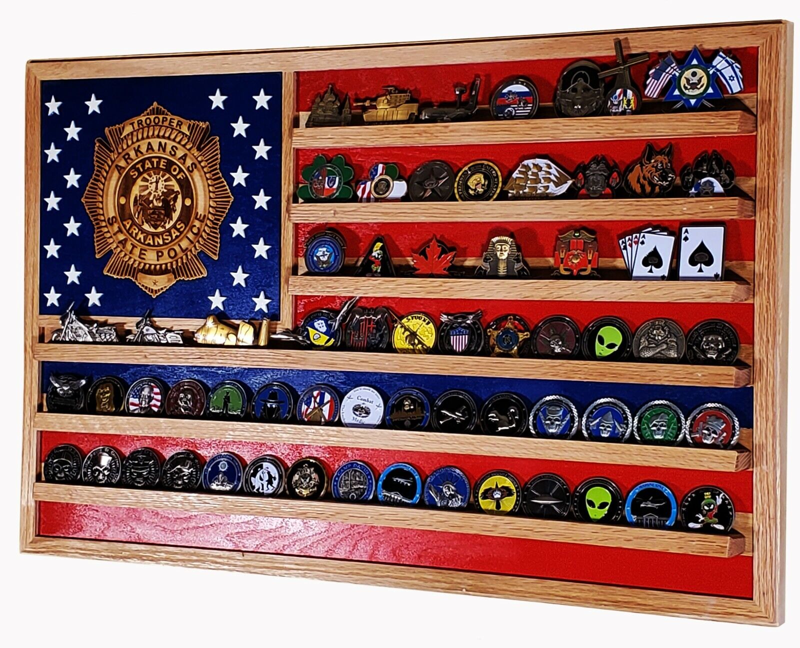 Arkansas State Trooper / Police Challenge Coin Display Flag 70-100 Coins TRAD