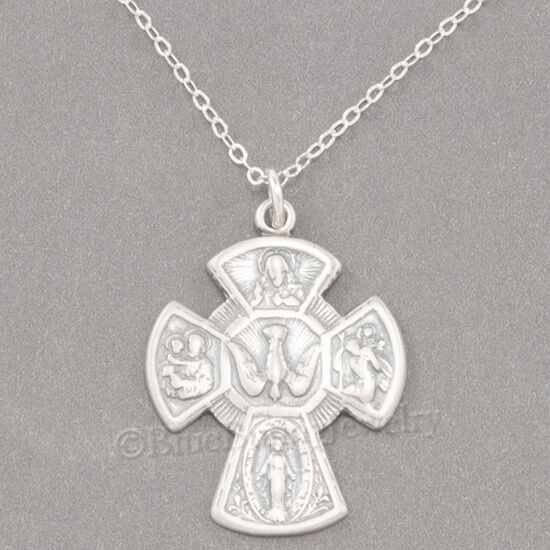 FOUR 4 WAY CROSS Catholic Medal Scapular Pendant 925 Sterling Silver & Necklace