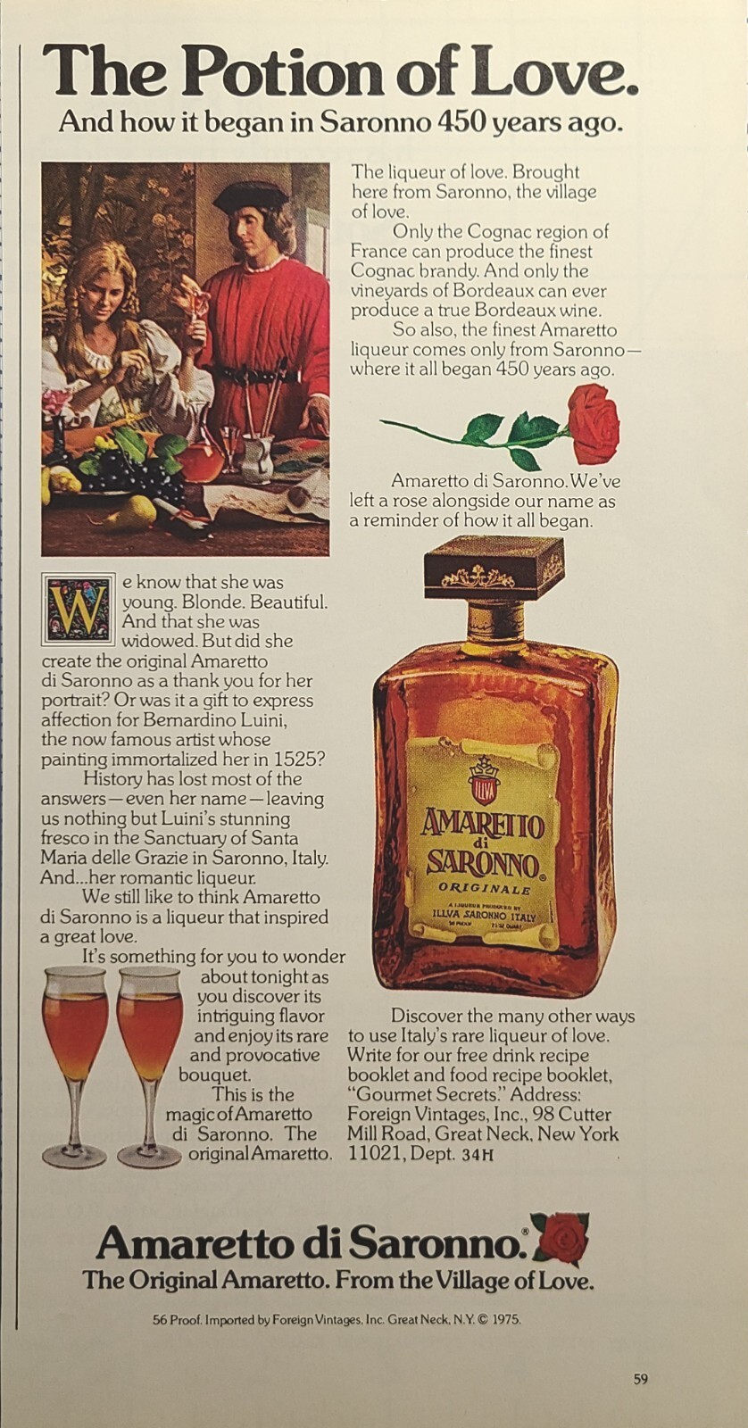 Amaretto di Saronno Romantic Liqueur Potion of Love Vintage Print Ad 1977