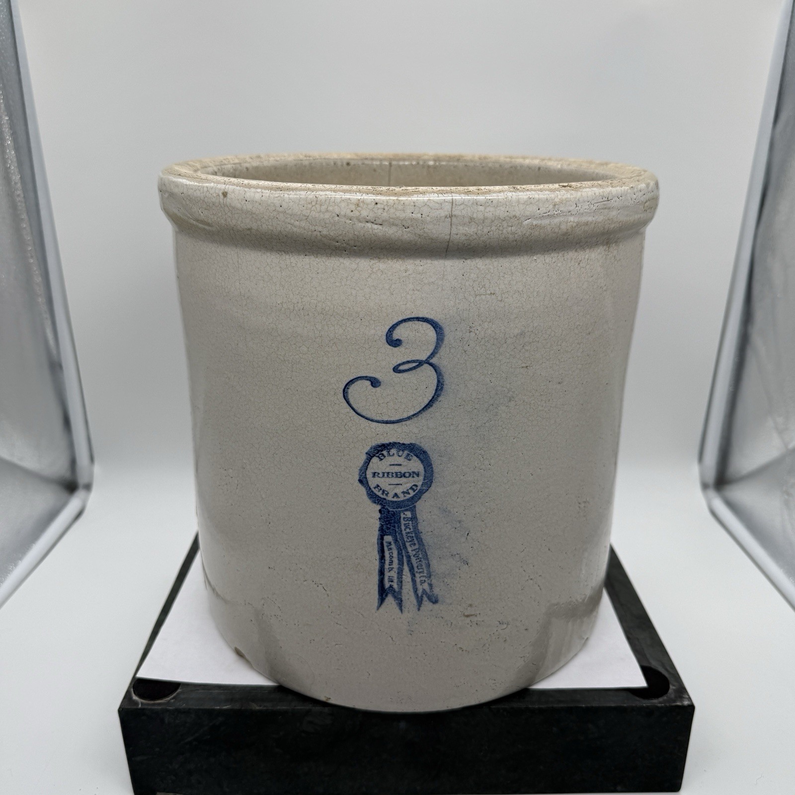Vintage Buckeye Pottery Blue Ribbon 3 Gallon Stoneware Crock Macomb IL