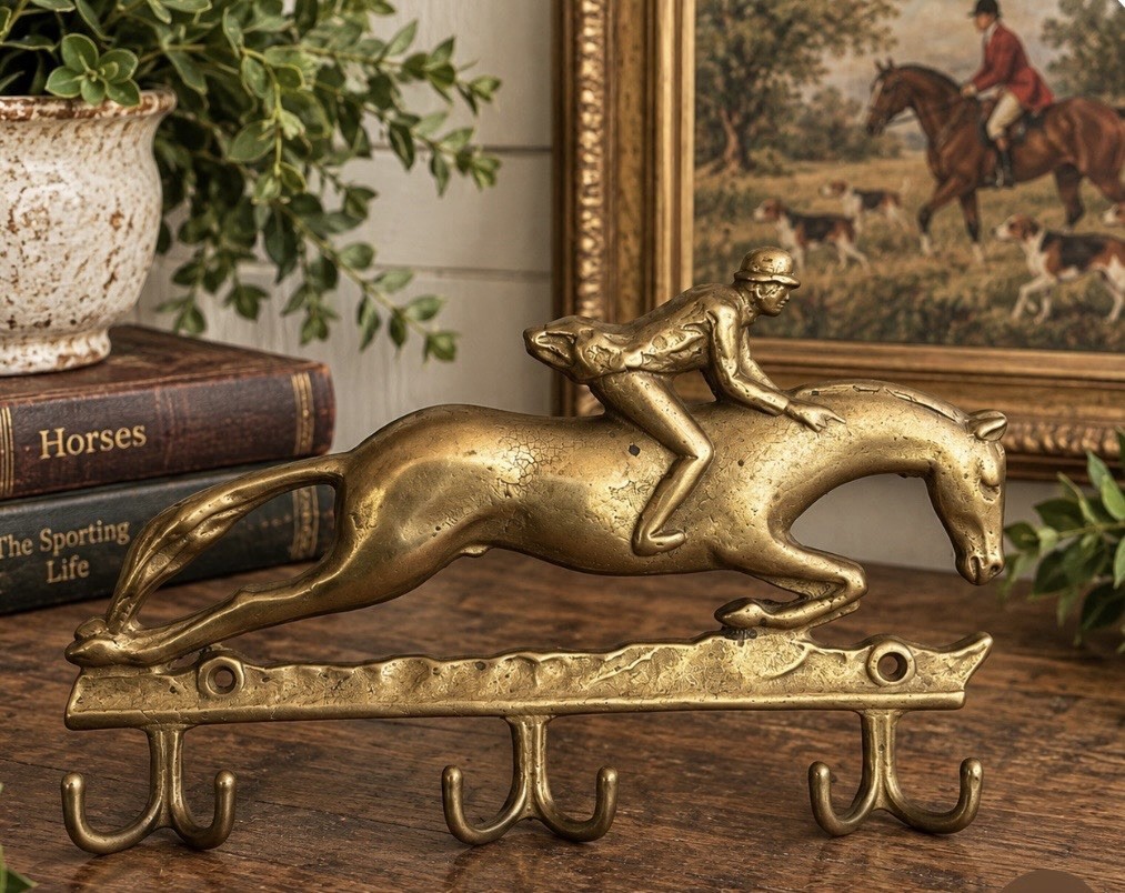 Vintage Italian Brass Horse Jockey Wall Hook Key Rack Equestrian 6 Hook Italy