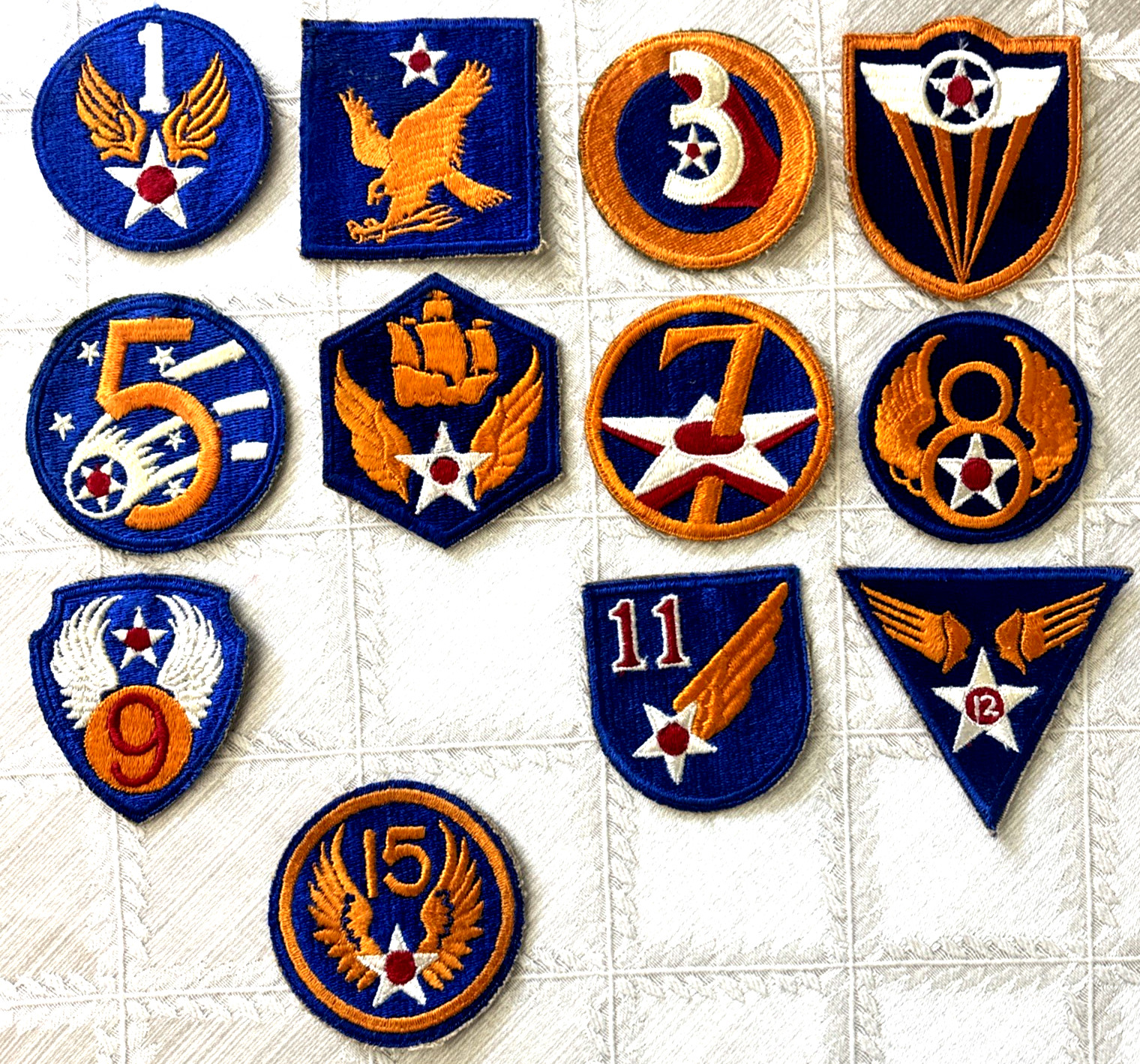 Original Genuine WWII USAAF Patch Lot Set 1-9, 11, 12, 15 Military Insignia MINT