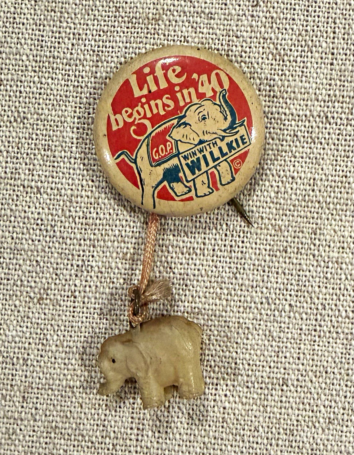 Vintage 1940 Wendell Willkie GOP Life Begins in \'40 Elephant Dangle Pin