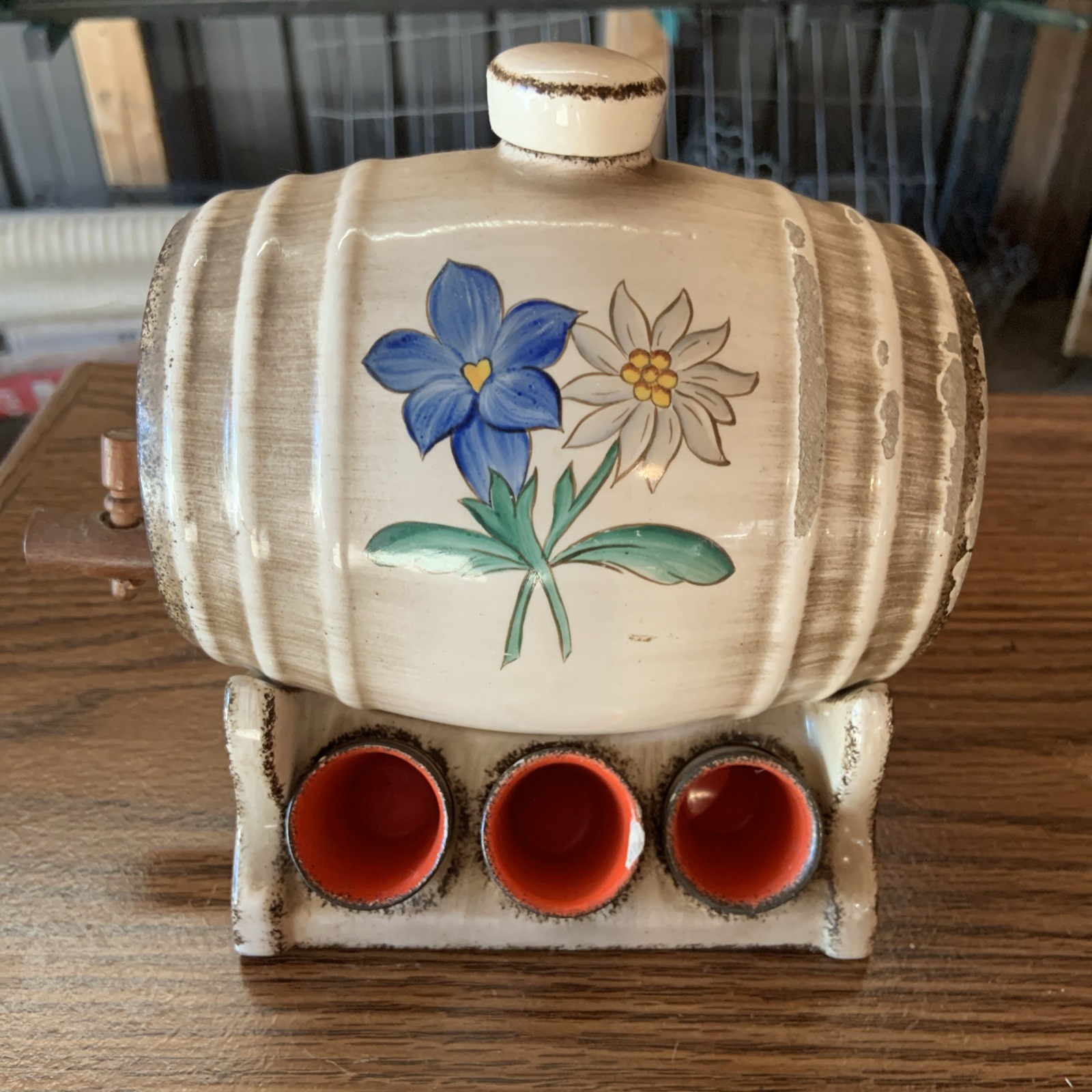Beautiful Antique German Keg Art Deco Hand Painted W/6 Shot Glasses READ Beautiful Antique German Keg Art Deco Hand Painted W/6 Shot Glasses READ
