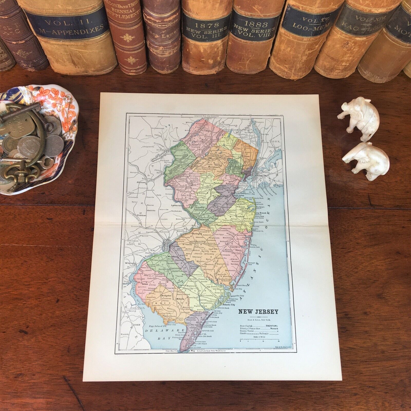 Original 1890 Antique Map NEW JERSEY Paterson Elizabeth Hoboken Bayonne Trenton
