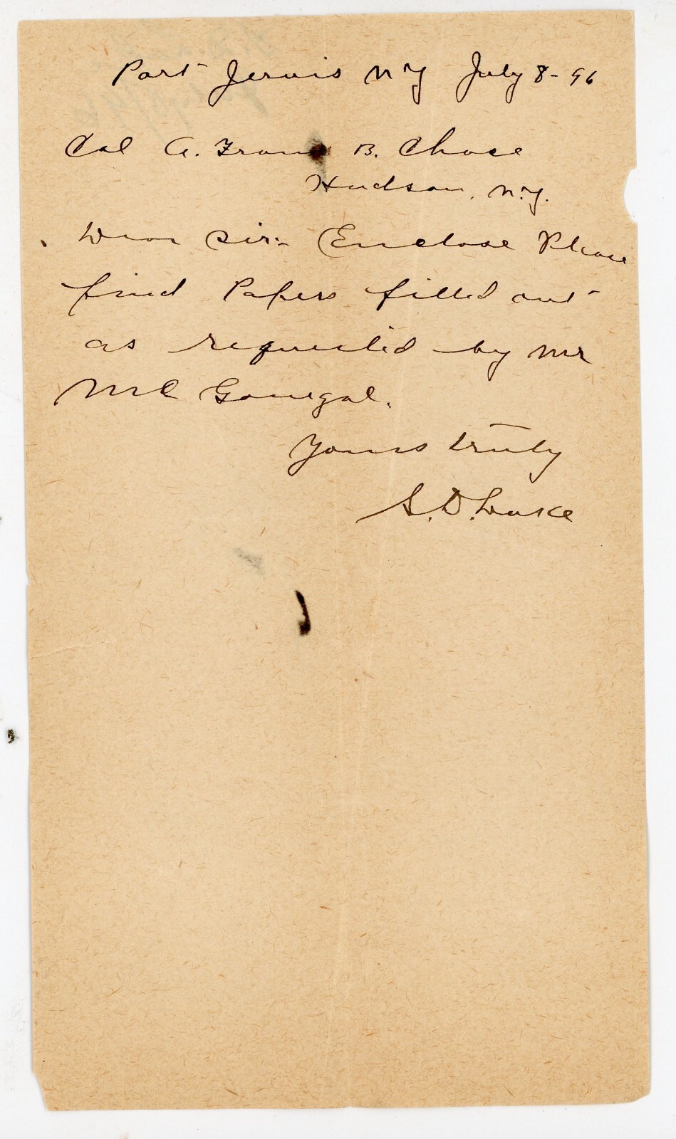 1896 Port Jervis NY Letter to Col. C. G. B. Chase Signed S.D. Lake, McGonigal