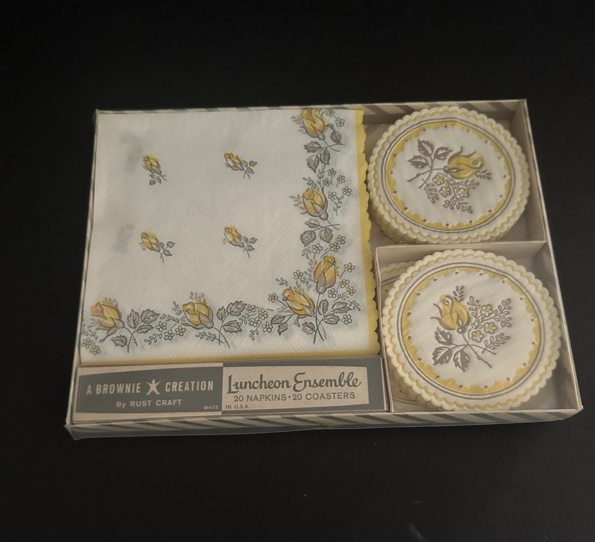 Vintage Luncheon Ensemble Rust Craft Paper Napkin + Coasters Floral For 20 New