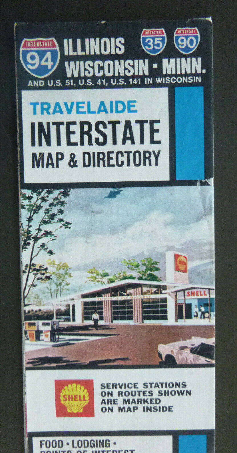 1968 Illinois Wisconsin Minn interstate directory road map Shell oil Travelaide
