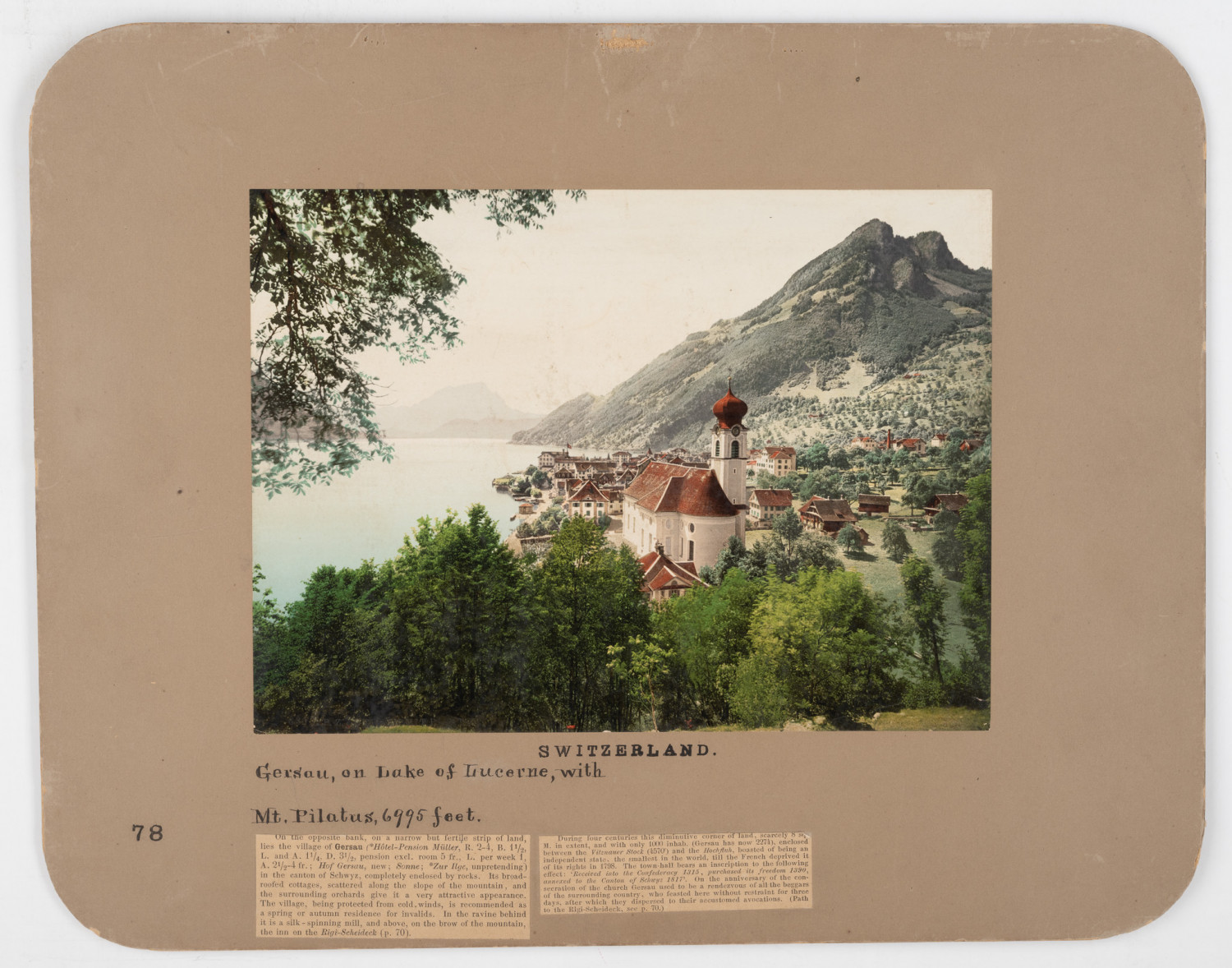Switzerland, Lake Lucerne, Gersau with Pilatus vintage photochrome, photochr