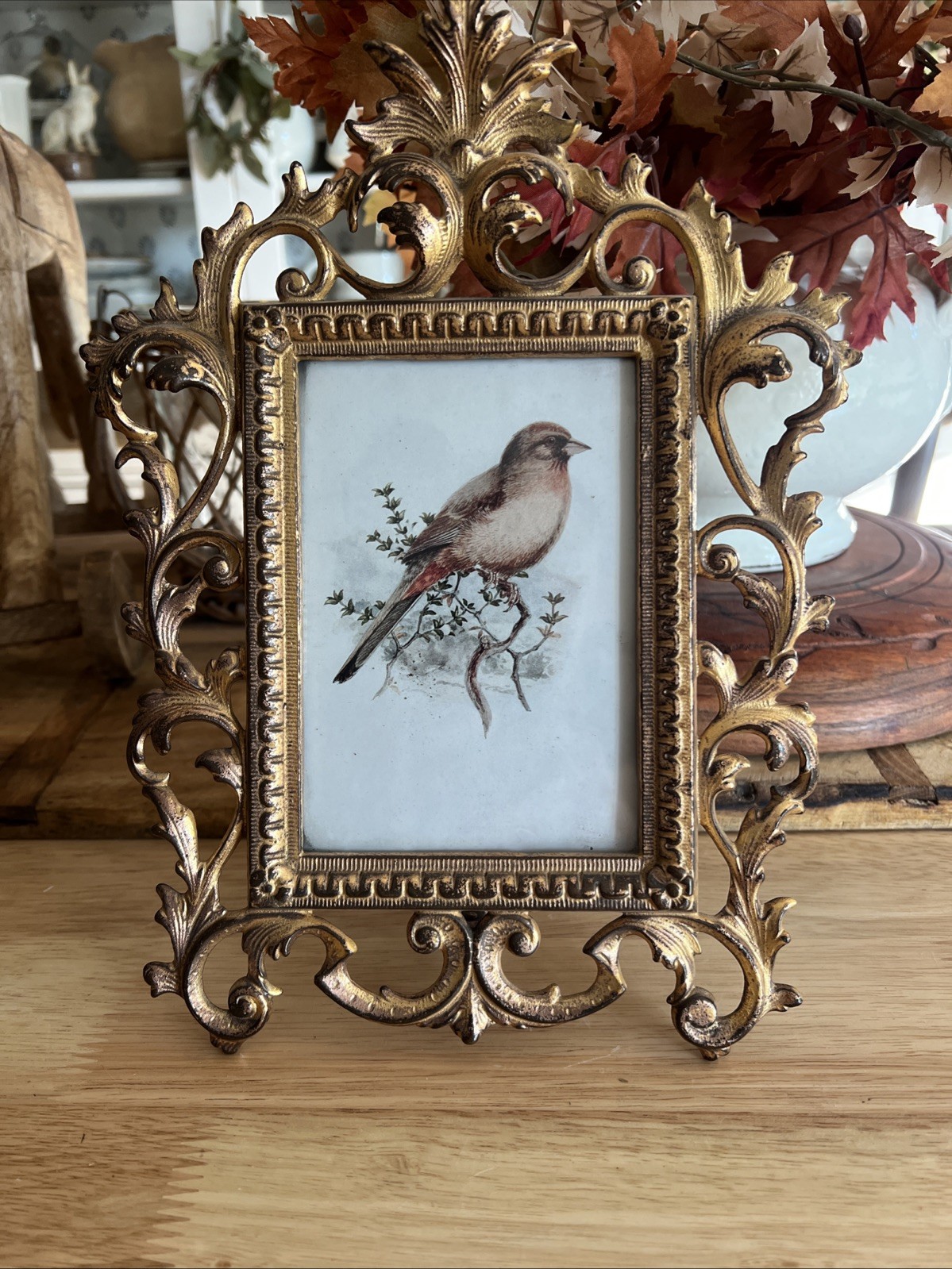 Antique Victorian Ornate Brass Floral & Leaf Picture With Swing Arm