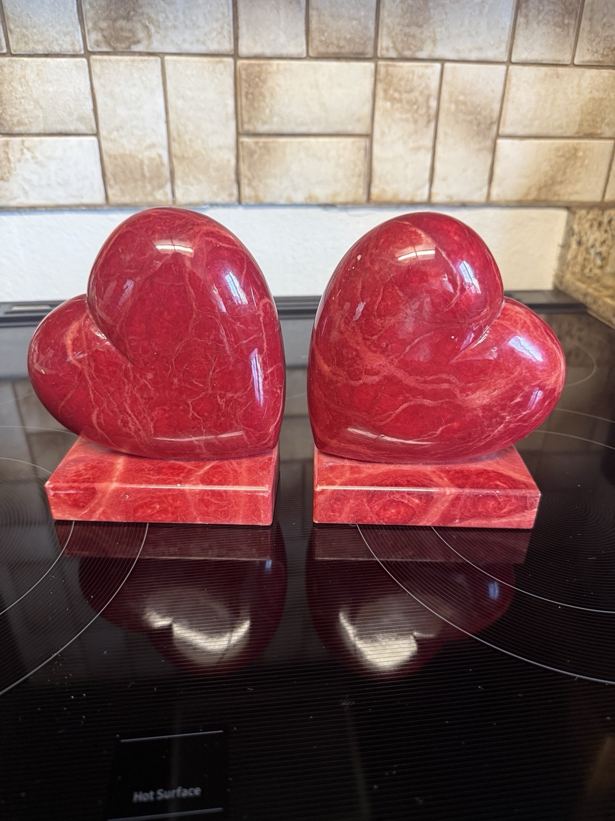 NIB Vintage Volterra Alabaster Hand Carved Red Floating Heart Book Ends 6 1/2\ NIB Vintage Volterra Alabaster Hand Carved Red Floating Heart Book Ends 6 1/2\