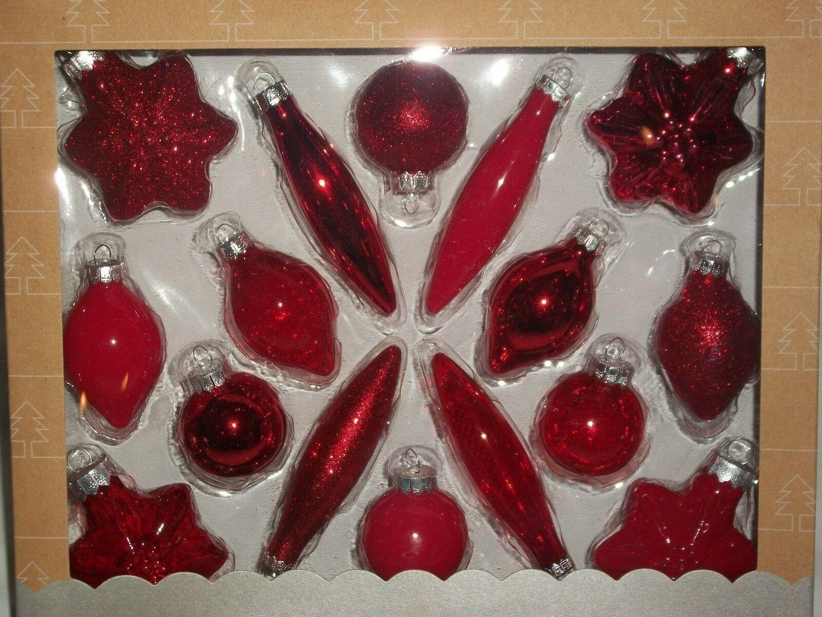 Red Glass Christmas Tree Ornament Set 16 Pieces Holiday Decorations Star Glitter