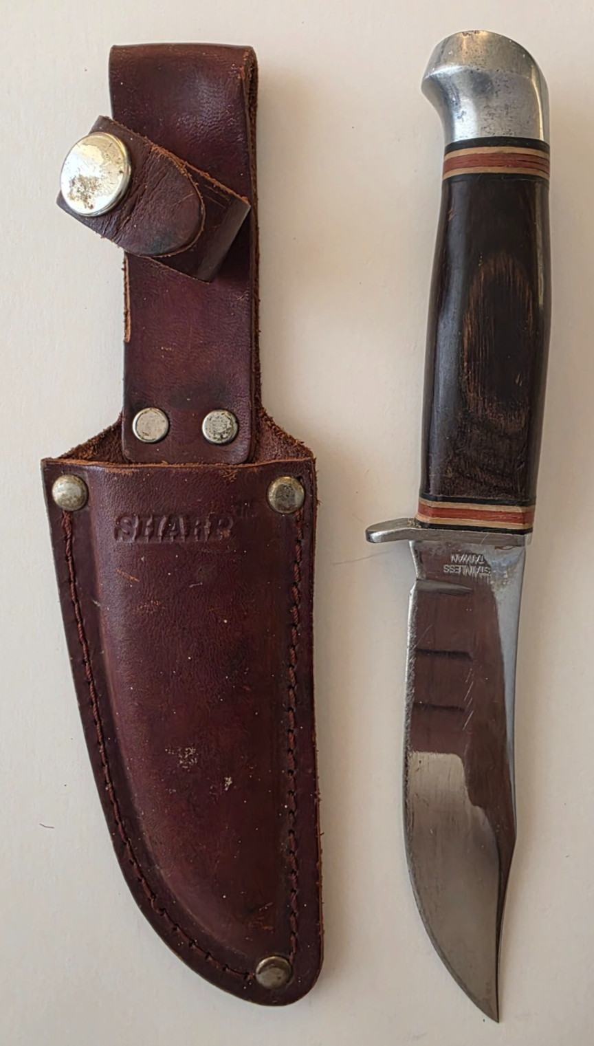 Vintage Sharp TM Hunting Knife Fixed Blade Taiwan Stainless Wood Sheath