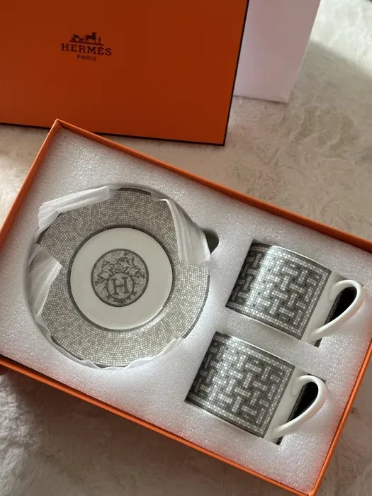 Hermes Mosaique au 24 Gray Platinum Coffee Tea Cup Saucer Porcelain Set for 2