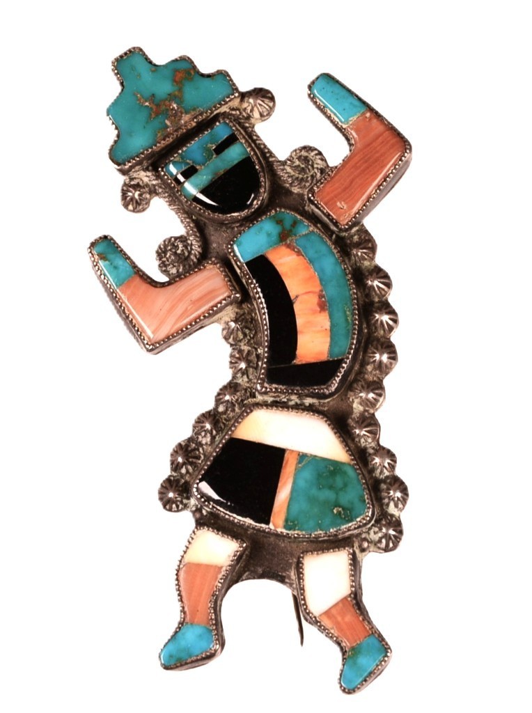 Zuni Pueblo Sterling Silver Inlaid Pin ca. 1940  Size 2.625\